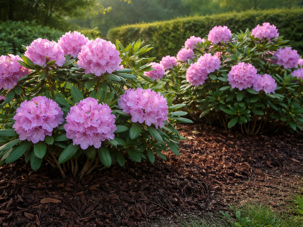 Blooming azalea and rhododendron thriving in dark organic mulch in acidic, moist garden soil.