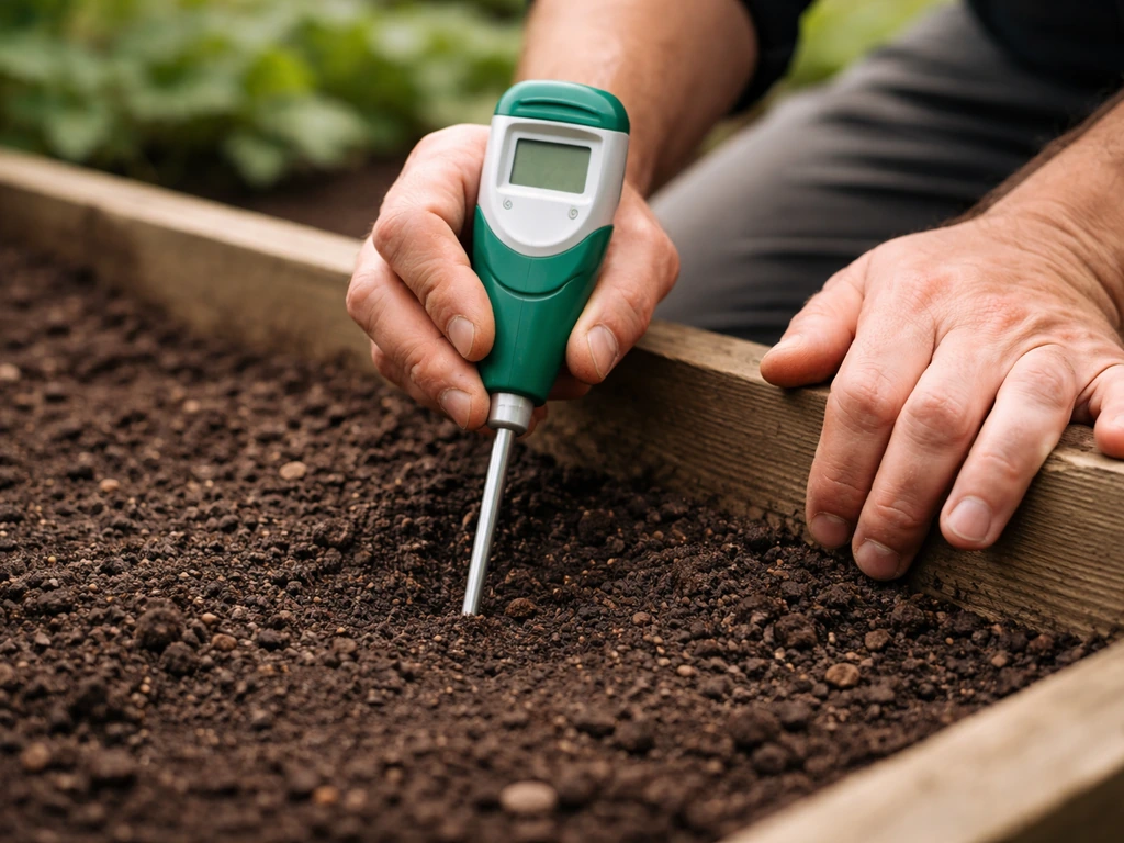 Close-up of a gardener testing soil pH in a garden bed with a handheld probe