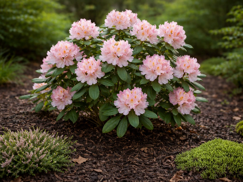 Pink rhododendron blooms beside mulched acidic soil and evergreen-looking heath-style shrubs