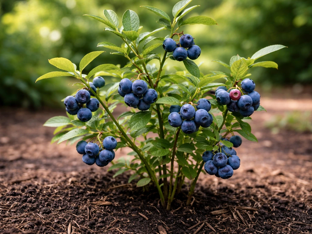 Close photo of a highbush blueberry shrub with ripe blue berries in acidic, dark soil.