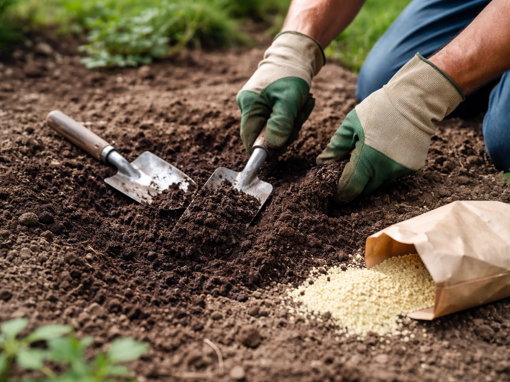 Gardener amending garden soil with organic matter and sulfur-style granules, using a spade and gloves.