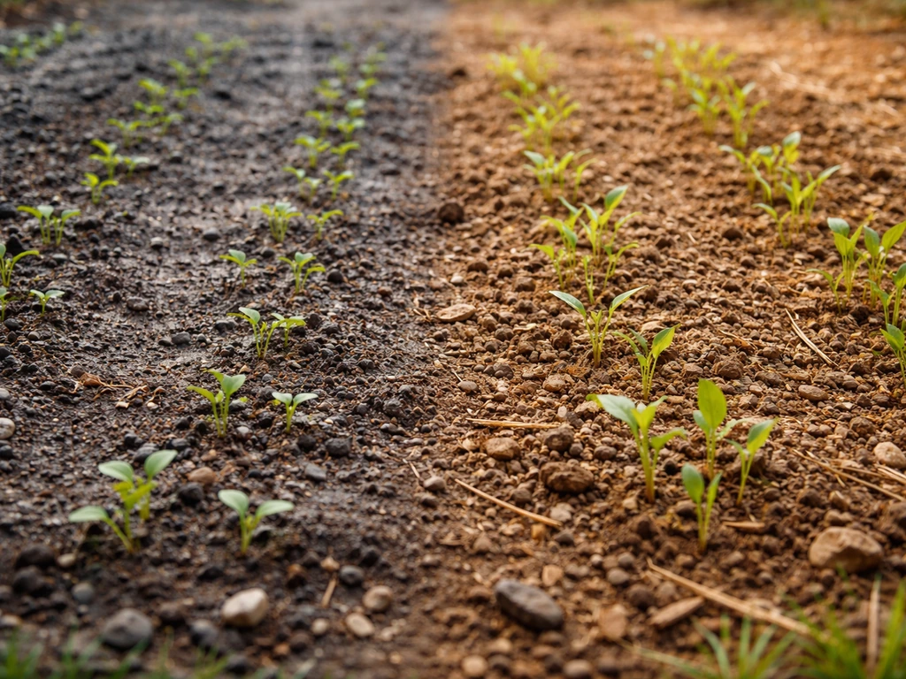 Close view of seeds germinating in prepared soil with two seasonal color tones and soft garden background.