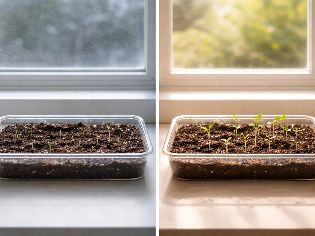 Side-by-side trays with cool-light vs warm-light seed germination, showing tiny sprouts emerging.