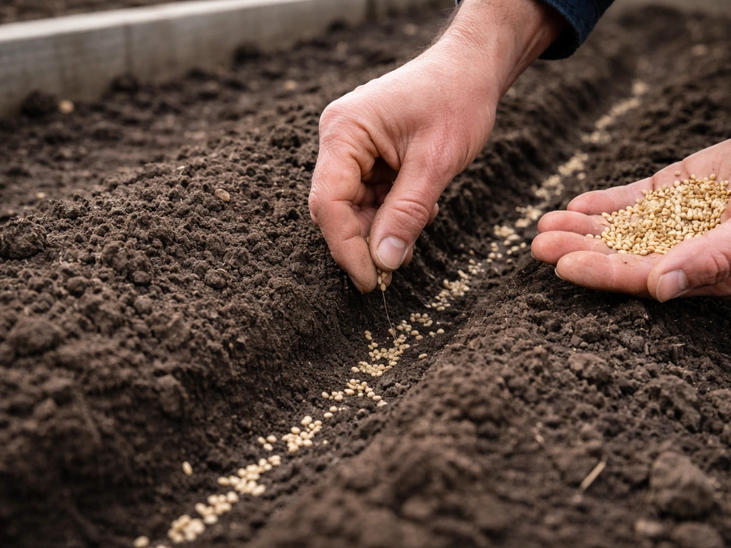 Close-up of hands sowing small seeds into visible spring soil furrows in cool early morning light