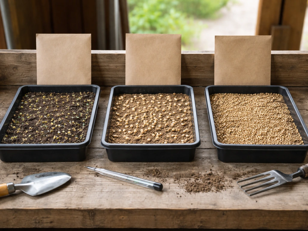Side-by-side garden seed packets and small labeled seedbeds showing different soil and temperatures cues