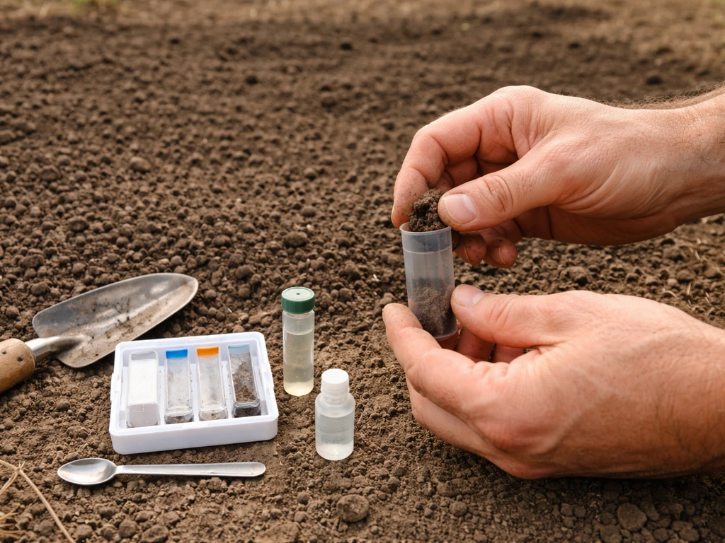 Hands placing a soil test sample into a kit beside a leveled seedbed ready for sowing