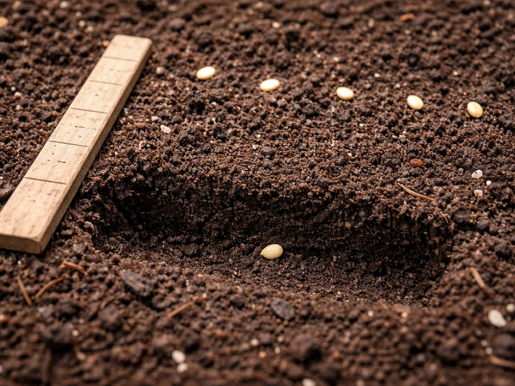 Top-down view of seeds placed at proper depth with a ruler/marker and a visible soil cross-section