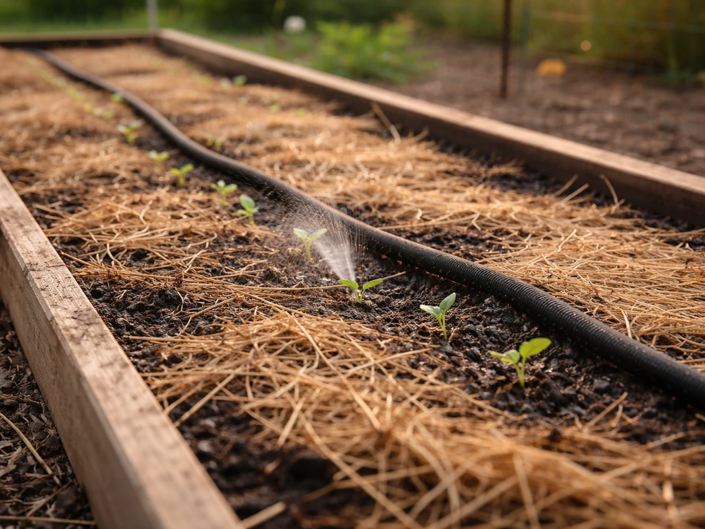 Close view of young seedlings in mulched soil with a soaker hose watering evenly moist ground.