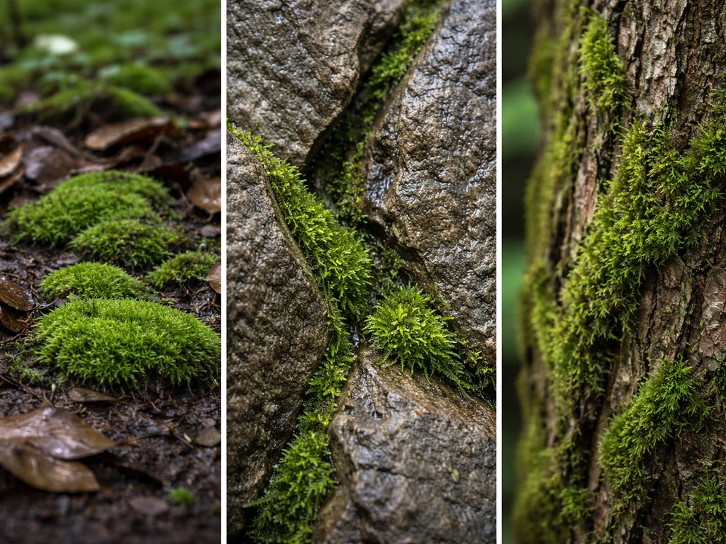 Bryophytes thrive in damp forest habitats: moist soil, rock crevices, and tree bark in shaded light.
