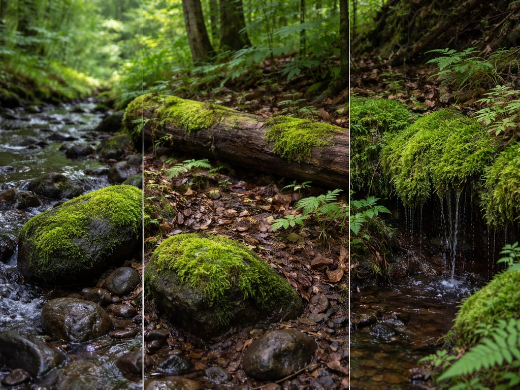 Three natural bryophyte habitats: stream splash zone, damp shaded understory, and a mossy seep bank