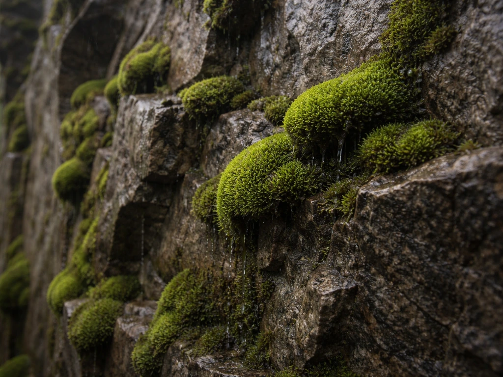 Vertical rock face with cushion moss colonies growing in crevices and ledges