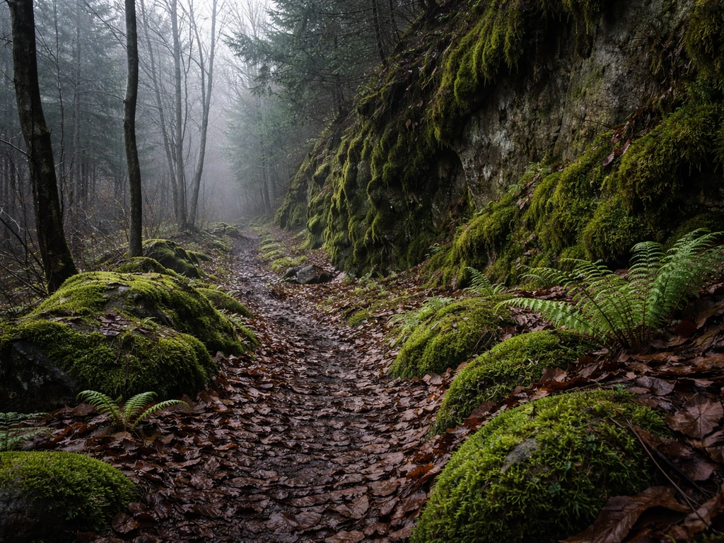 Cool-temperate forest understory with wet moss on rocks, early-spring light and misty atmosphere
