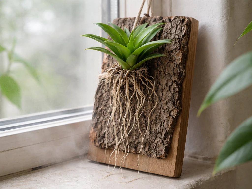 Mounted epiphyte plant with exposed roots on bark, misty humidity feel in a simple indoor setting.