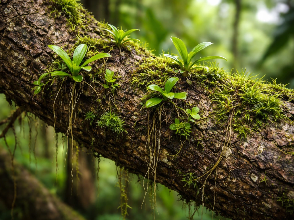 Close-up of epiphytes and moss growing on a tree trunk, with roots attached but not in soil.