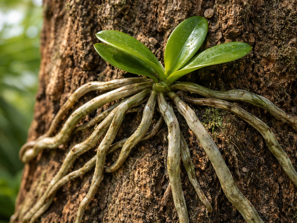 Velamen-covered aerial roots of an epiphytic orchid clinging to textured tree bark, tropical forest feel