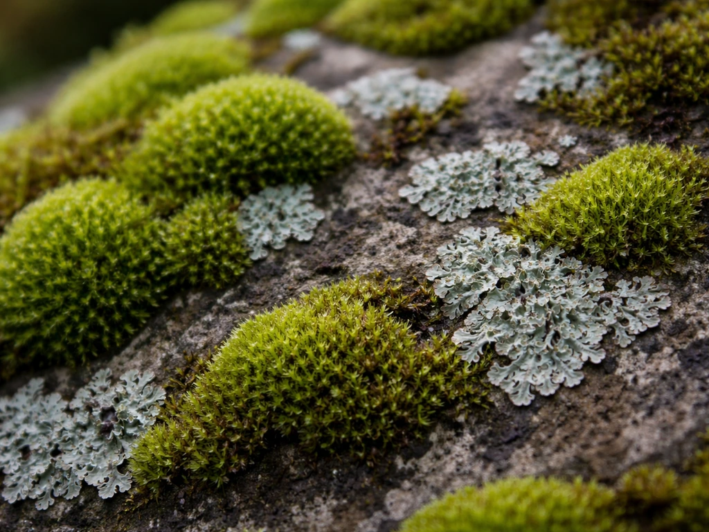 Green moss and pale gray lichens thriving on damp rock, no soil visible.