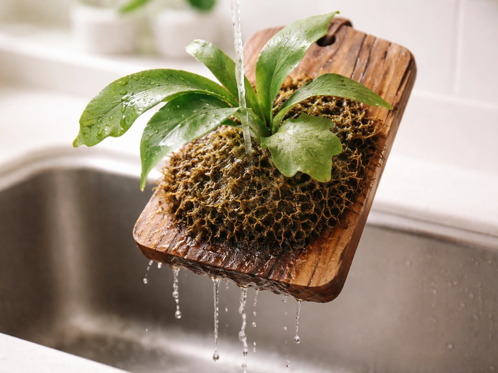 Staghorn fern on a wood mount being soaked, with water draining off to prevent rot.