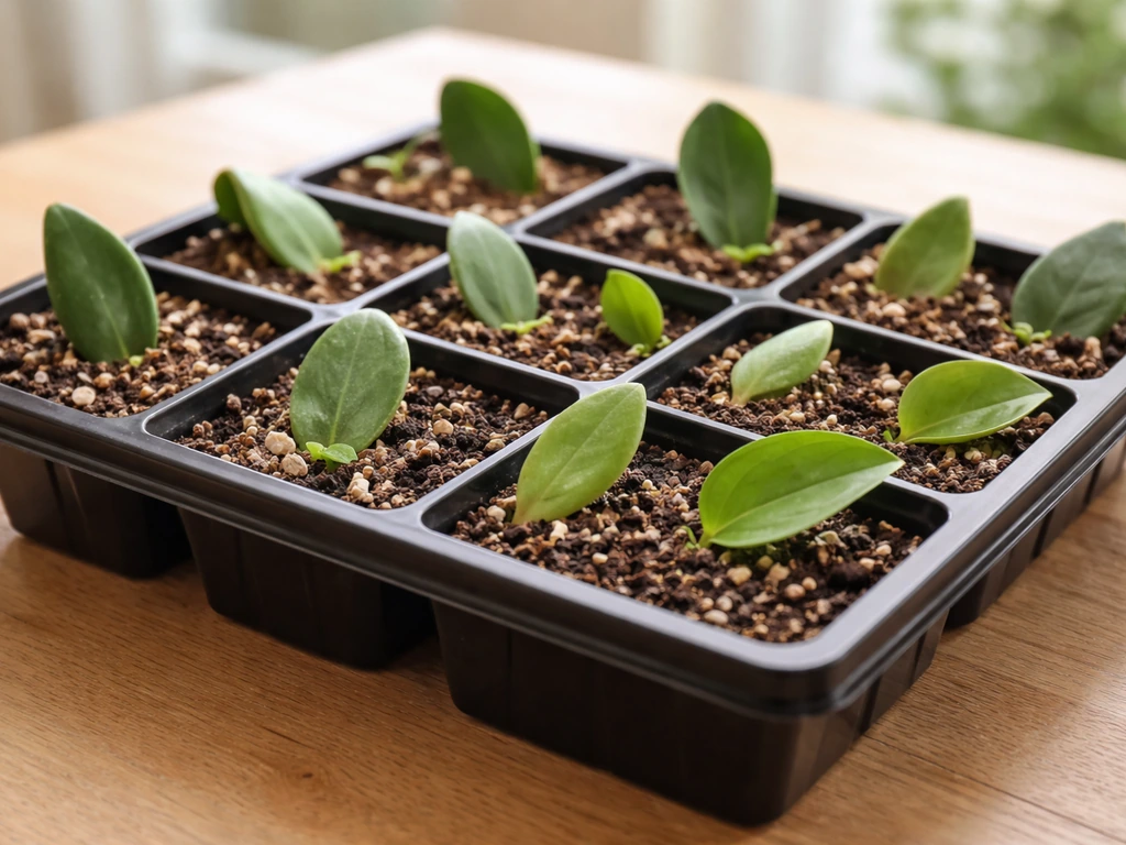 Tray of small pots with different leaf cuttings in rooting medium, showing leaf propagation potential.