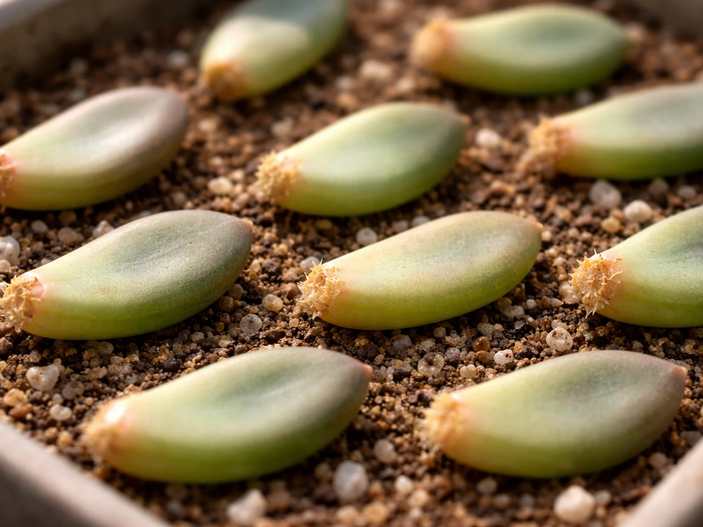 Close-up of succulent leaf cuttings on gritty rooting mix, individual leaf bases ready to root.