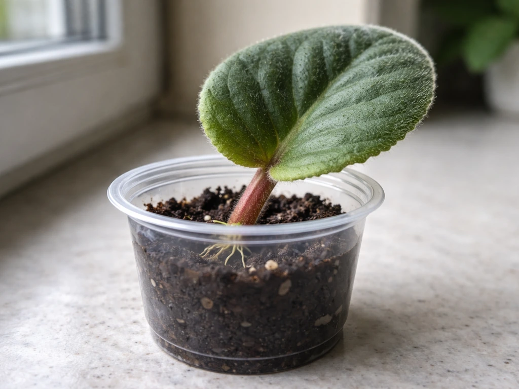 Close-up of an African violet leaf cutting in a small pot, petiole inserted into moist propagation medium.