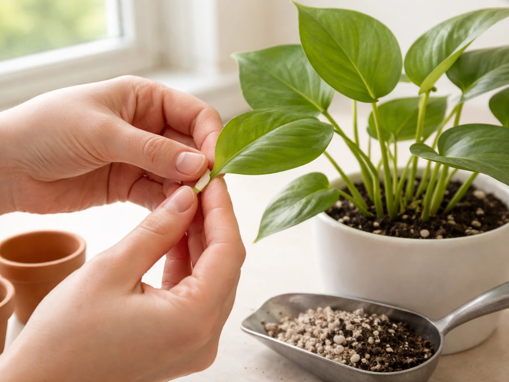 Hands twisting a healthy green leaf cutting from a potted plant, with small pots and gritty mix nearby