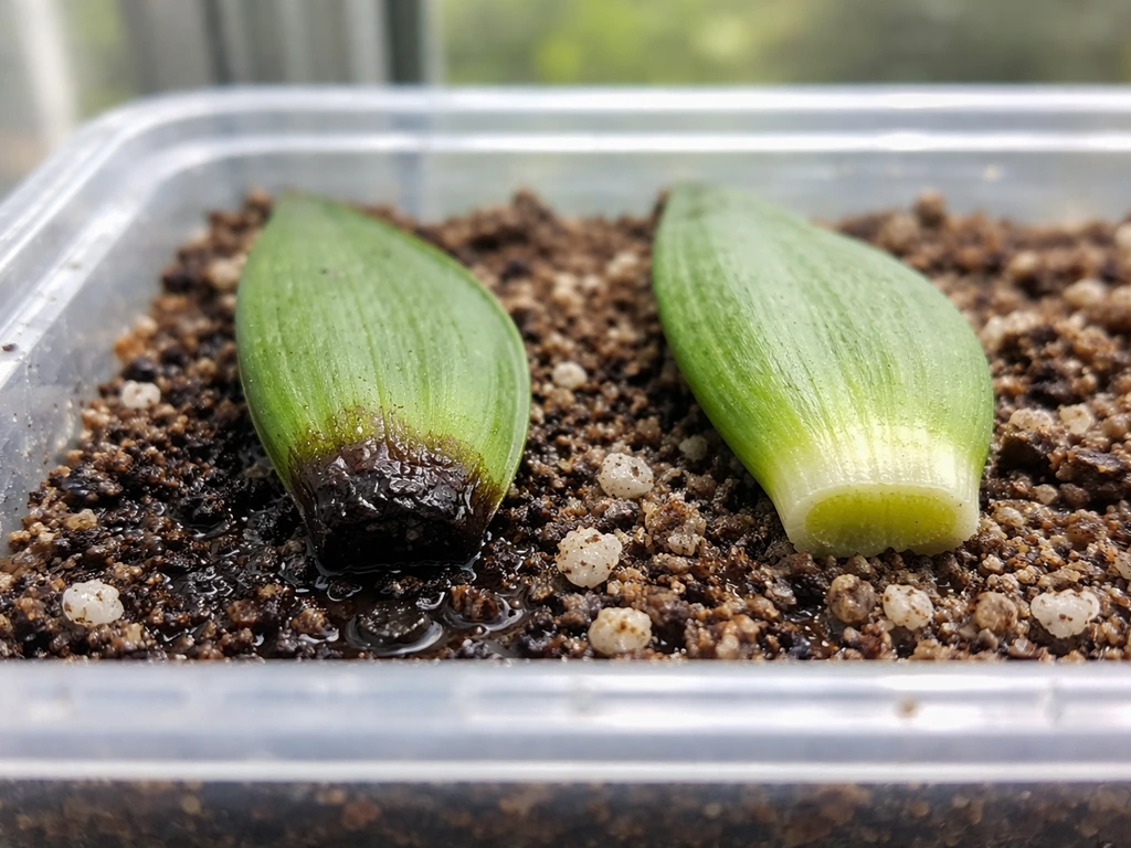 Two leaf cuttings side by side: one rotting black, one healthy with a drier medium surface.