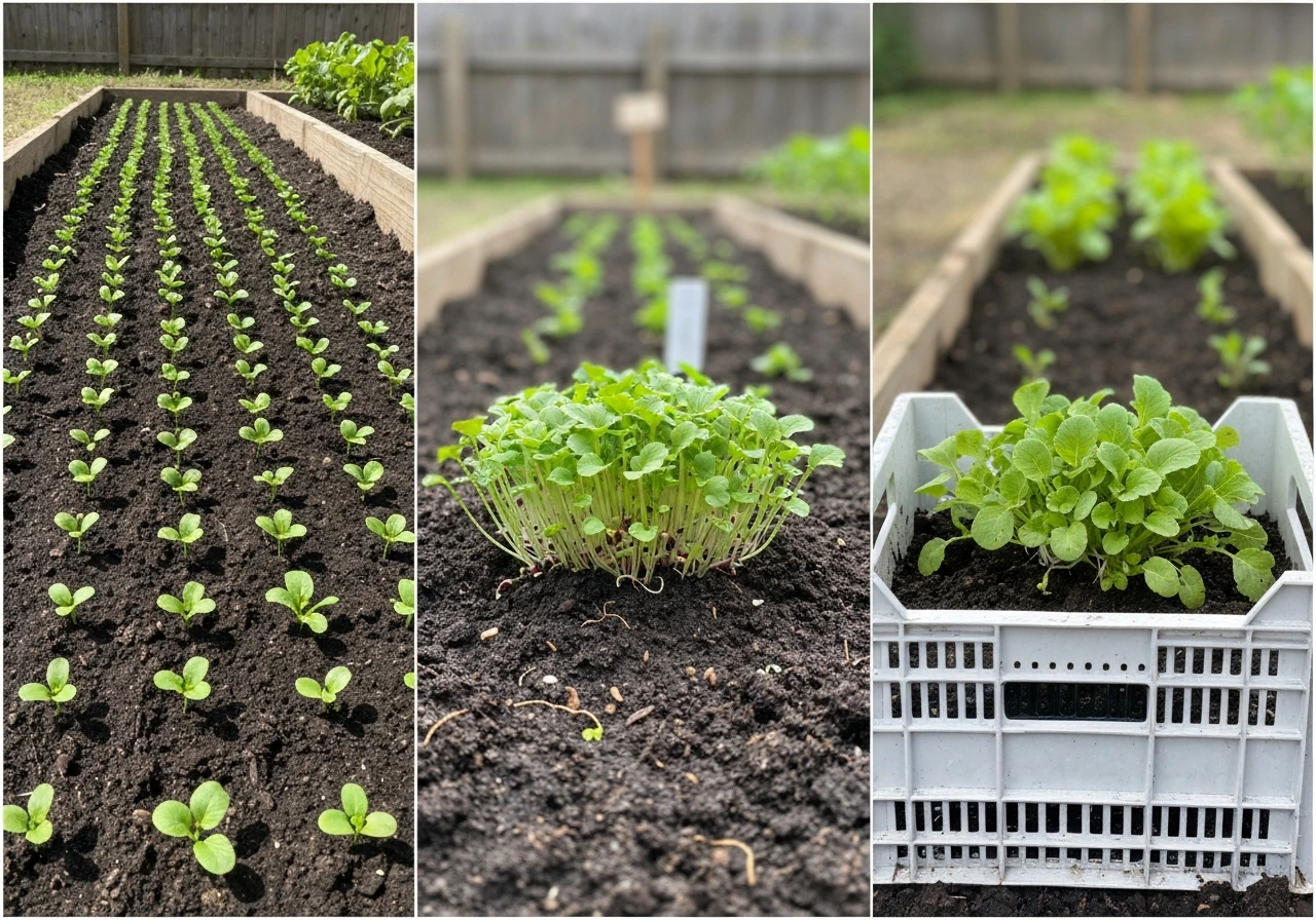 Minimal garden bed with seedlings, fresh sprouts, and a small harvest showing quick growth by season.