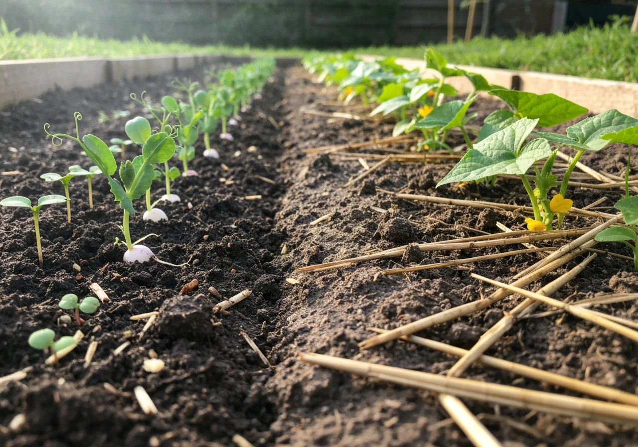 Two simple garden beds split left cool-season seedlings, right warm-season seedlings under contrasting light.