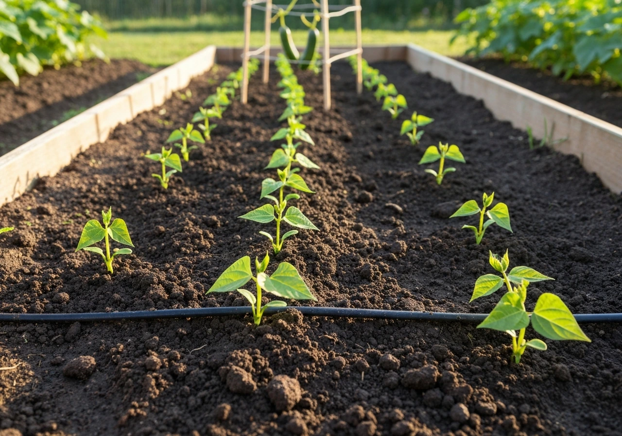 Sunlit garden bed with young bush bean plants, visible mulch and warm-season soil preparation