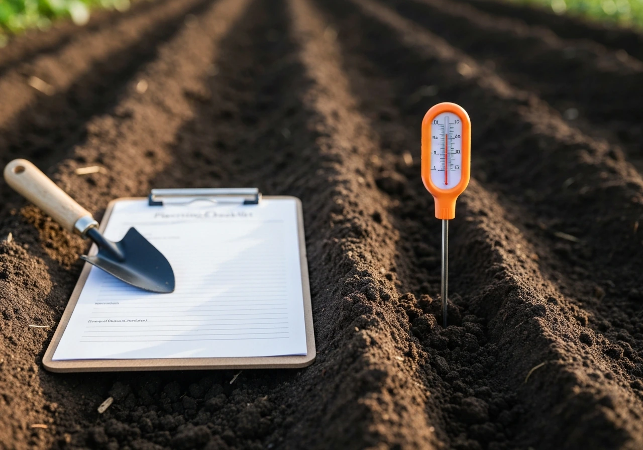 Soil thermometer reading at 2–3 inches beside a simple planting checklist outdoors.