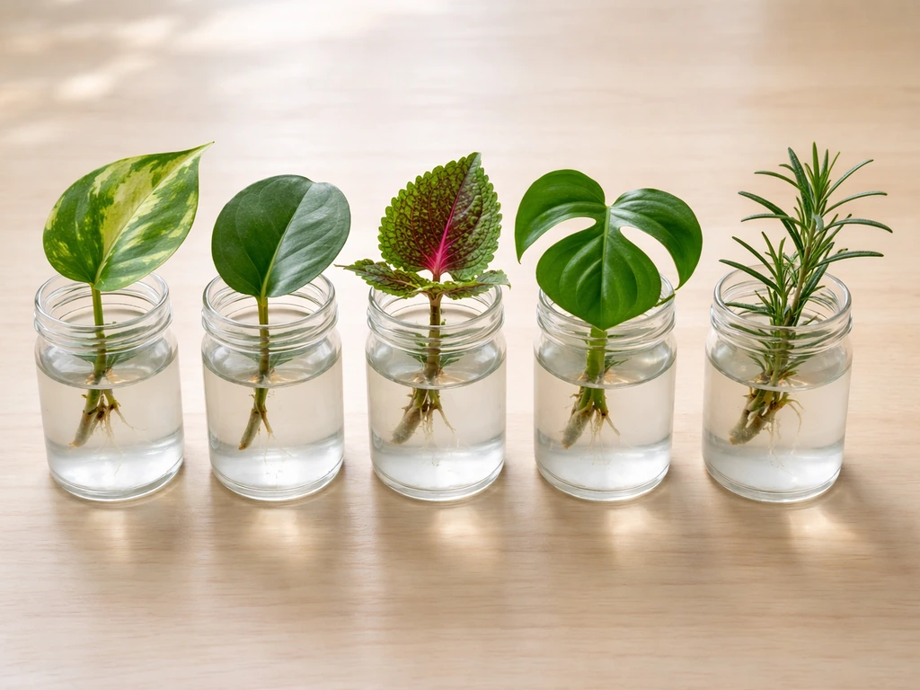 Top-down view of five stem cuttings in separate cups with visible nodes and early root growth.