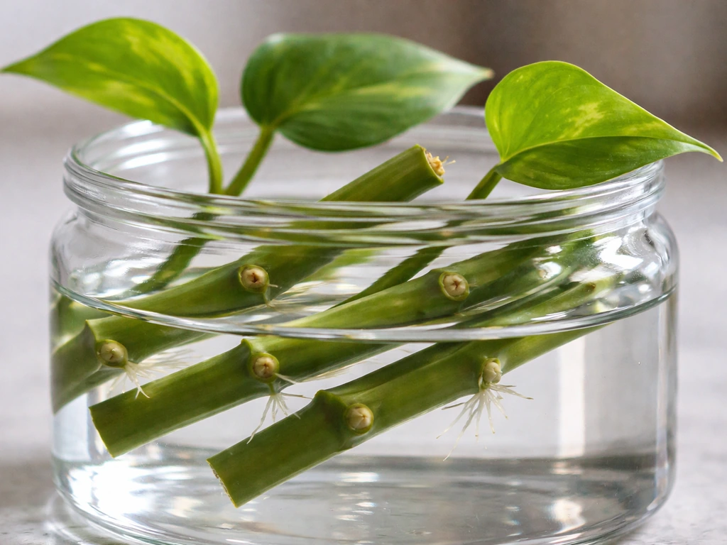 Close-up of pothos stem cuttings in water, showing nodes and leaf attachments clearly