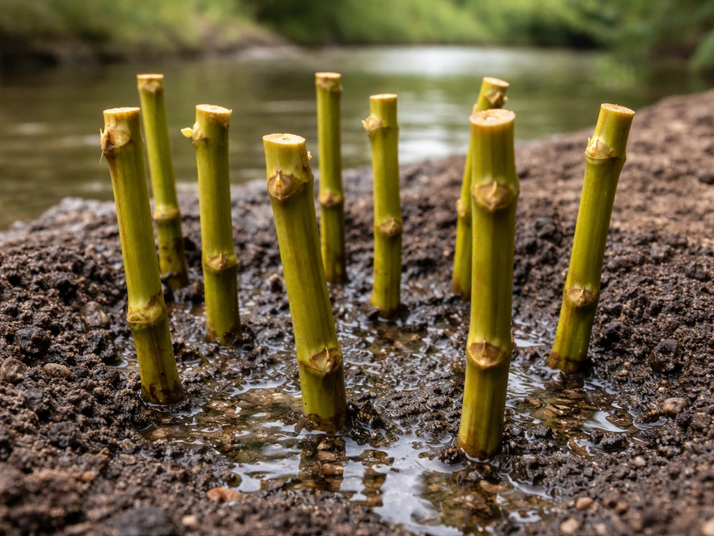 Close-up of several willow stem cuttings inserted in damp rooting medium with visible nodes.
