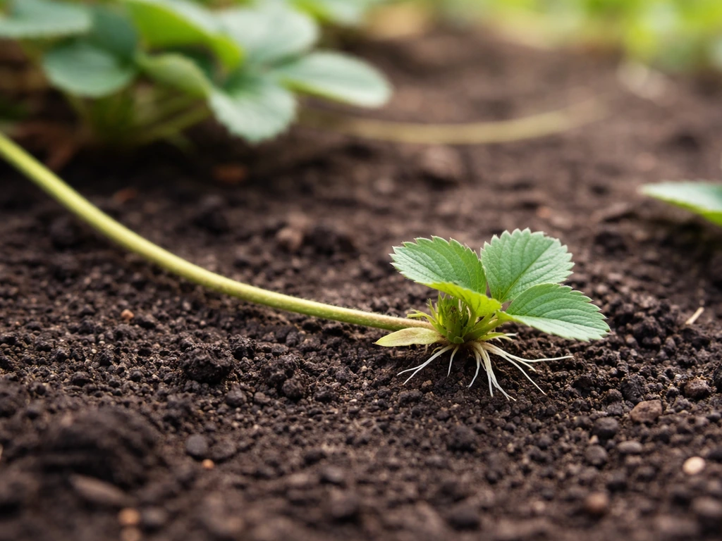 Strawberry stolons with a daughter plant rooting at a node near the soil surface.