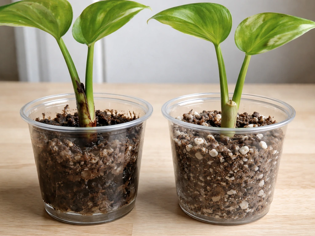 Two stem cuttings in small pots: one base-rotting in wet medium, one healthy in moist draining mix.