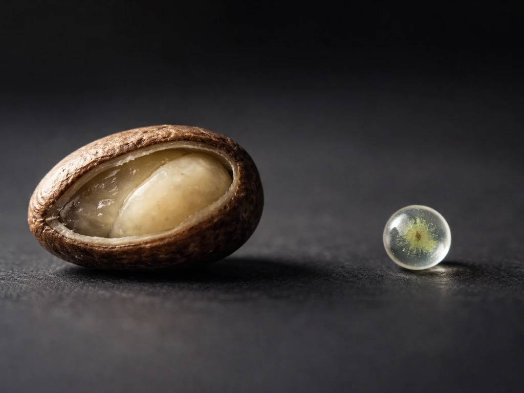 Macro photo comparing a coated seed with an inner embryo-like center next to a lone spore-like cell.