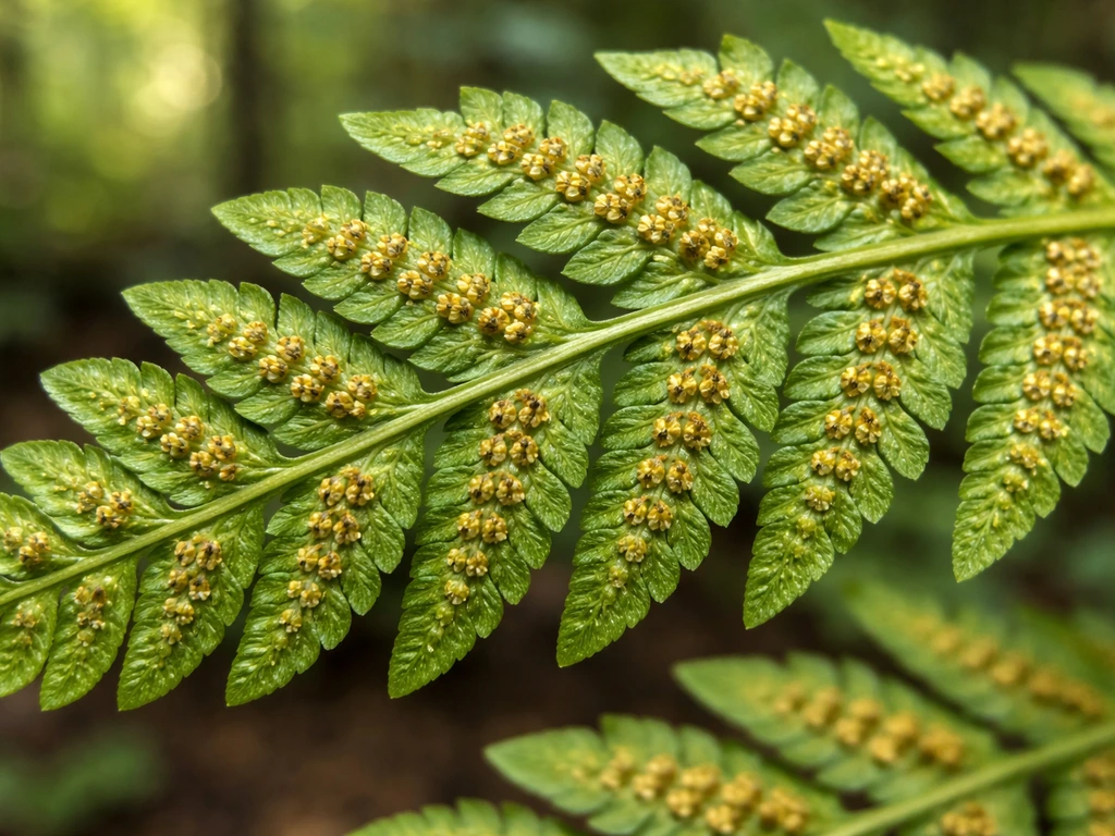 Macro close-up of green fern fronds showing sori where spores are produced on the underside.
