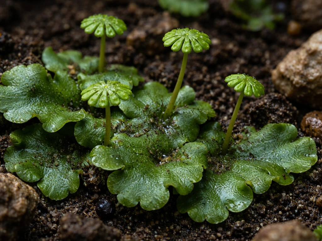 Macro close-up of flat lobed liverwort thallus with umbrella-like tips on damp soil and rock.