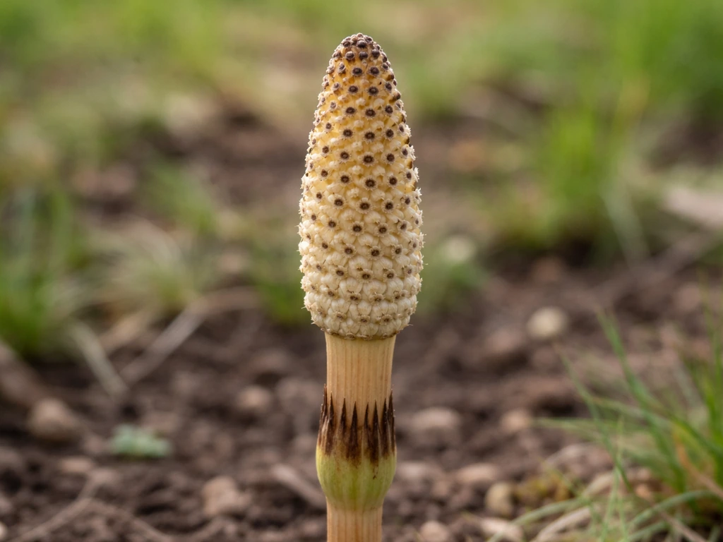Close-up of a fresh horsetail fertile stem tip with a cone-like spore structure in spring