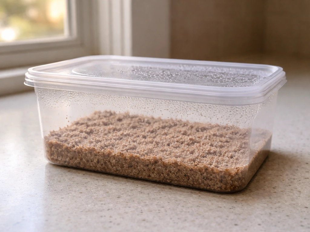Clear covered container with moist sterilized substrate and condensation, showing a home spore-germination setup.