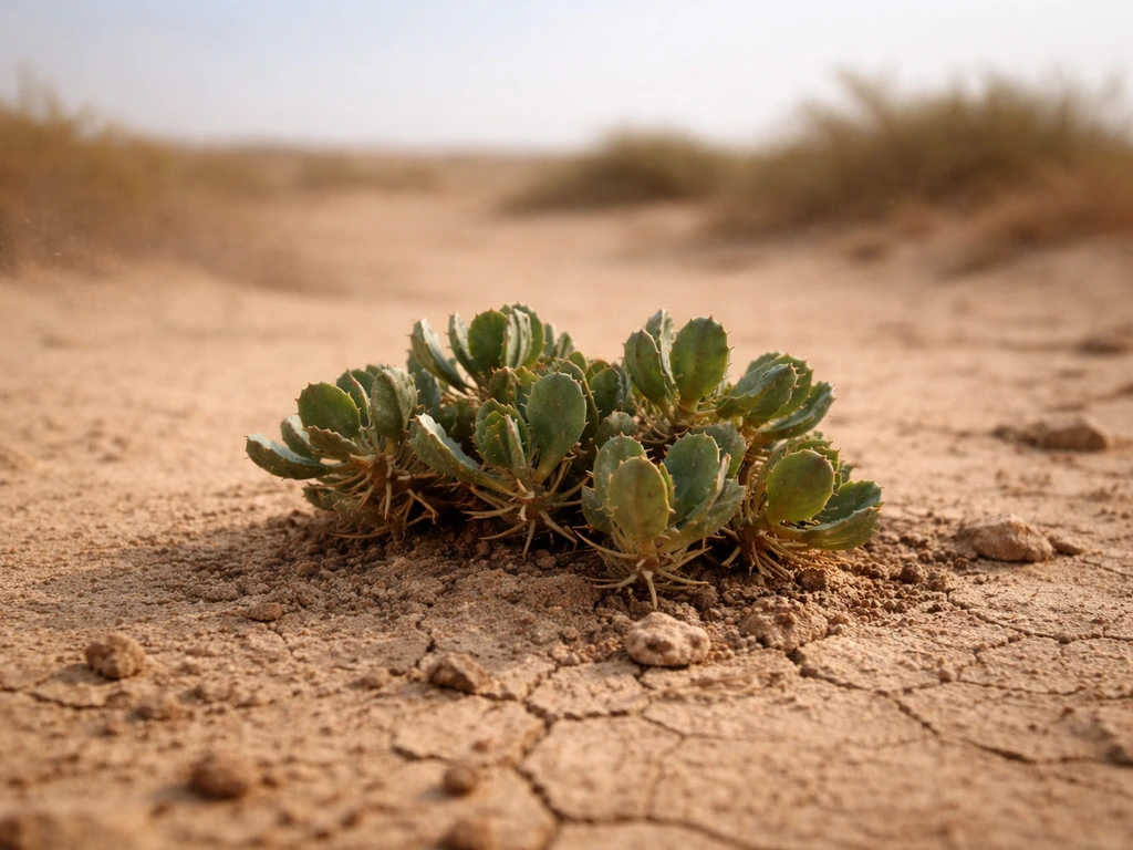 A single drought-tolerant xerophyte growing from cracked sandy soil in a dry steppe landscape.
