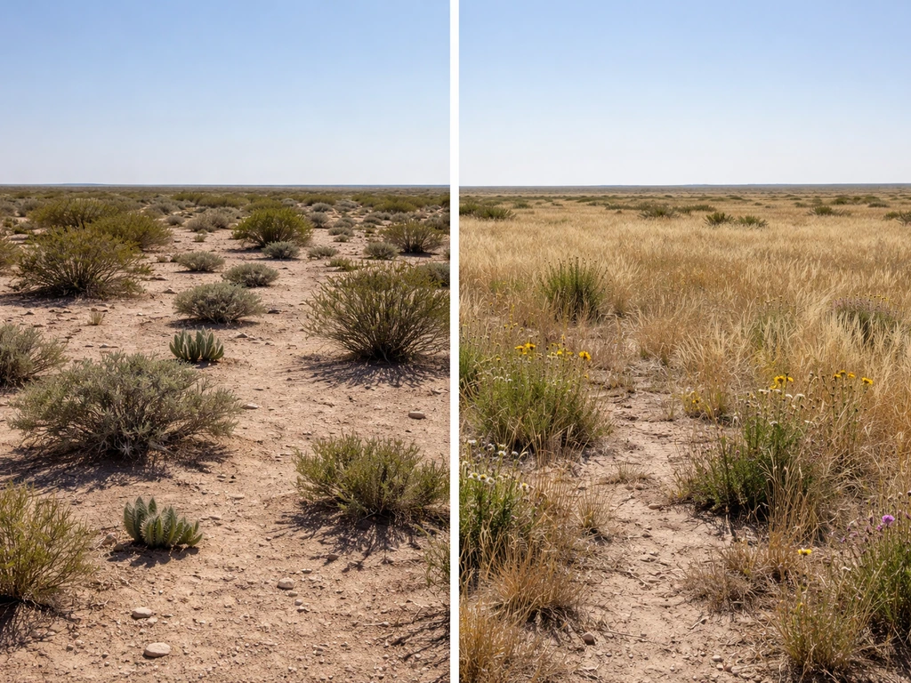 Side-by-side desert shrubs and dry steppe grasses showing contrasting plant communities.