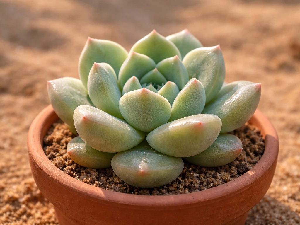 Close-up of a succulent’s fleshy leaves in dry soil, emphasizing water-storing adaptation.