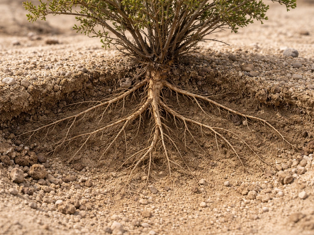 Exposed creosote bush roots—shallow taproot with spreading lateral roots in dry cracked desert soil.