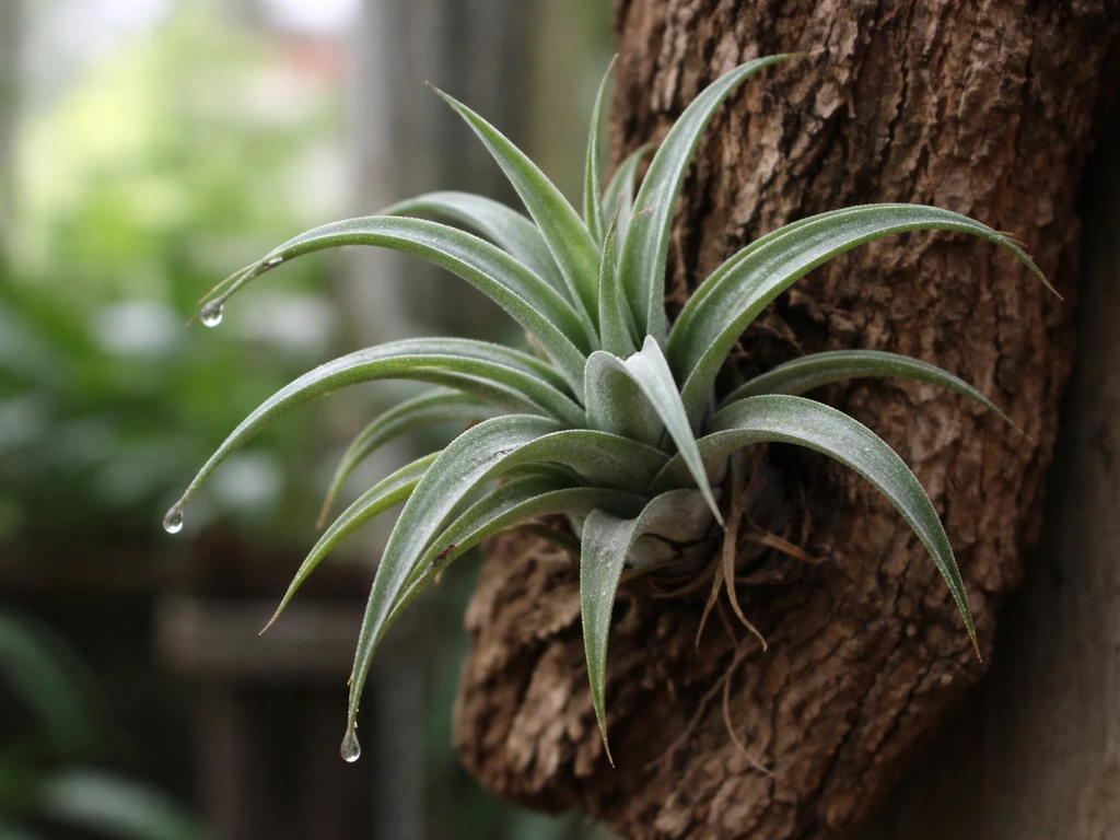 Close-up of a soil-free Tillandsia air plant epiphyte mounted on weathered wood with faint mist droplets.