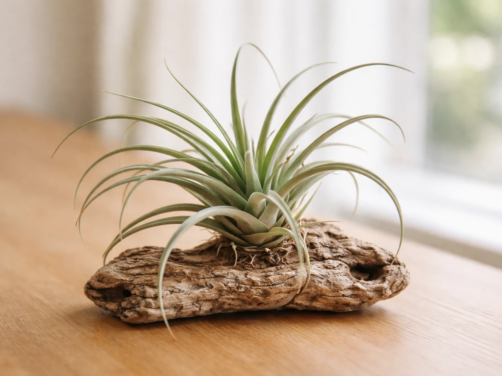 Tillandsia air plant with silvery leaves mounted on a small piece of wood, no soil.