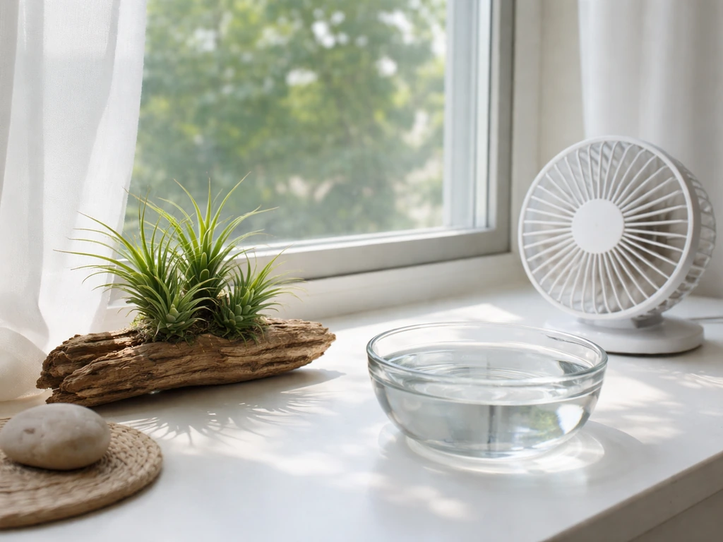 Tillandsia on a windowsill with bright window light, gentle airflow from a small fan, and a water soaking bowl nearby.