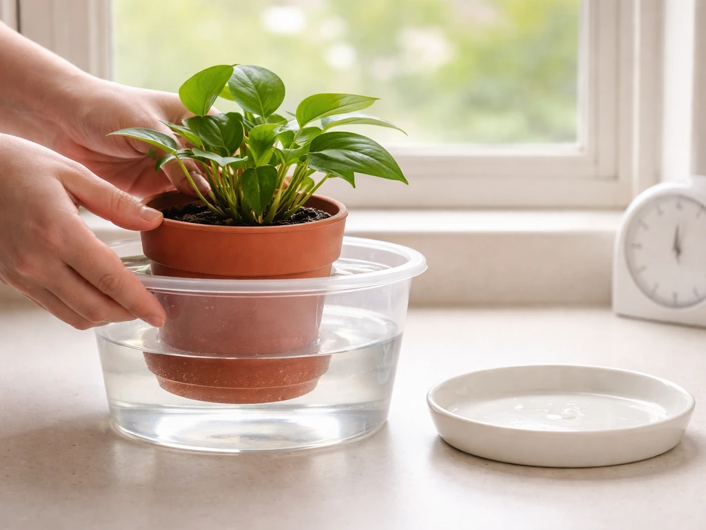 A small potted plant being soaked in water at a window, showing slow, careful watering routine.
