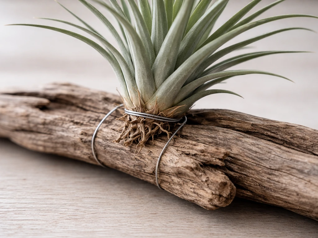Soil-free Tillandsia mounted on driftwood secured with wire, close view of the base and texture.