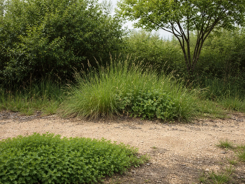 Natural landscape edge showing groundcover, grasses/forbs, and woody shrubs/tree in one view.